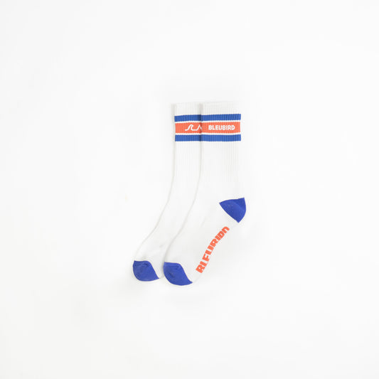 White sock with blue and red accents on a white background