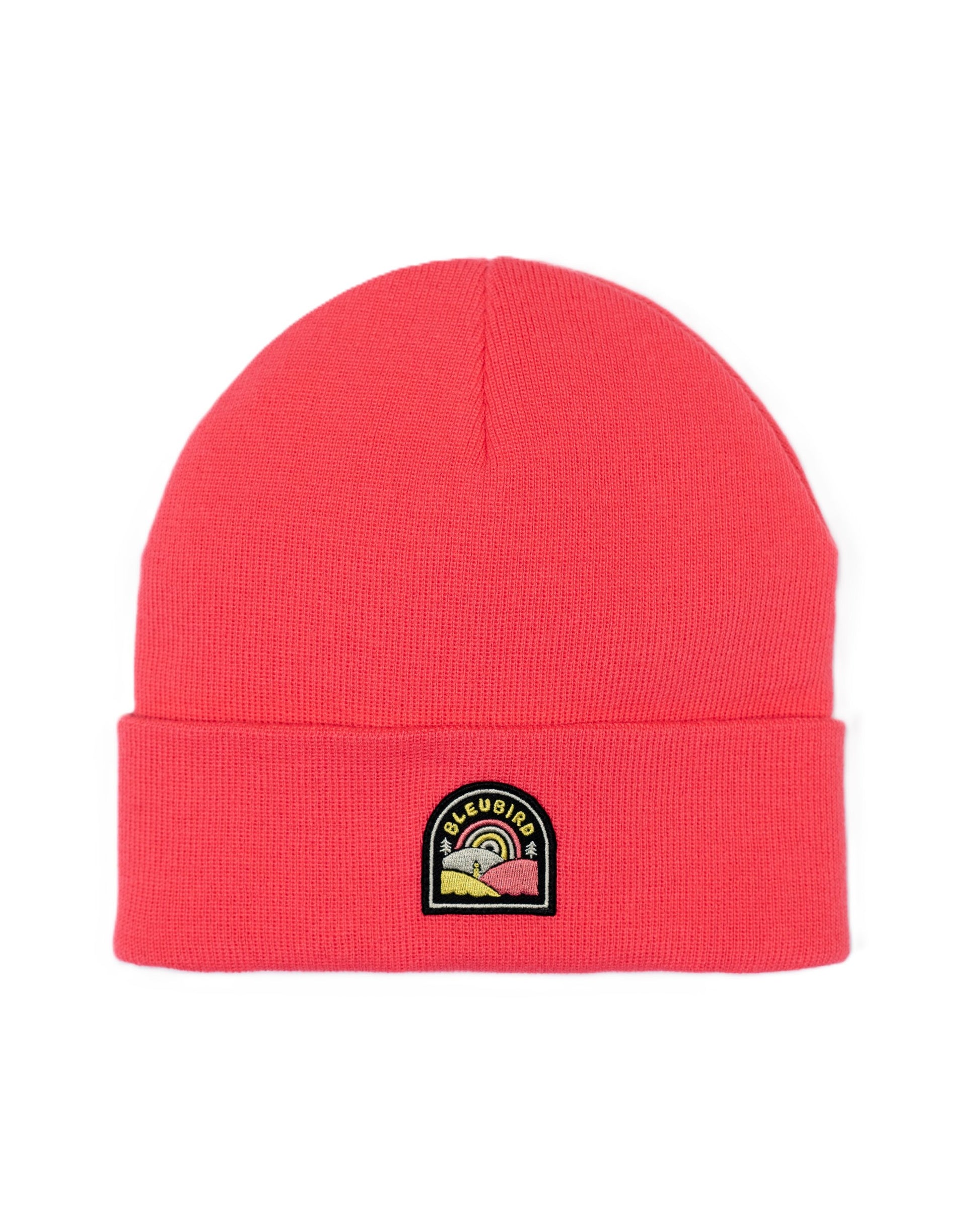 Red beanie with a patch on a white background