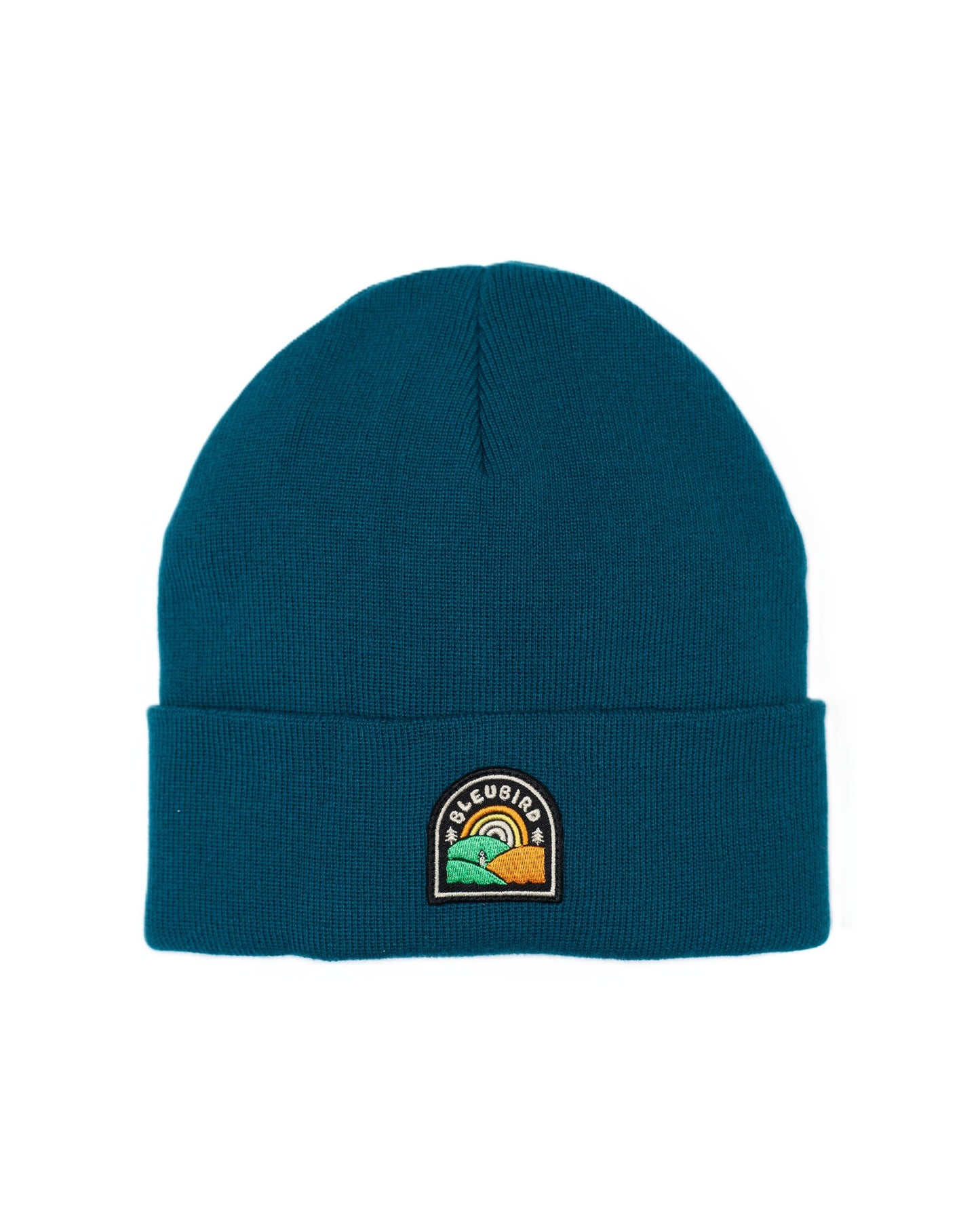 Blue beanie with a logo on a white background
