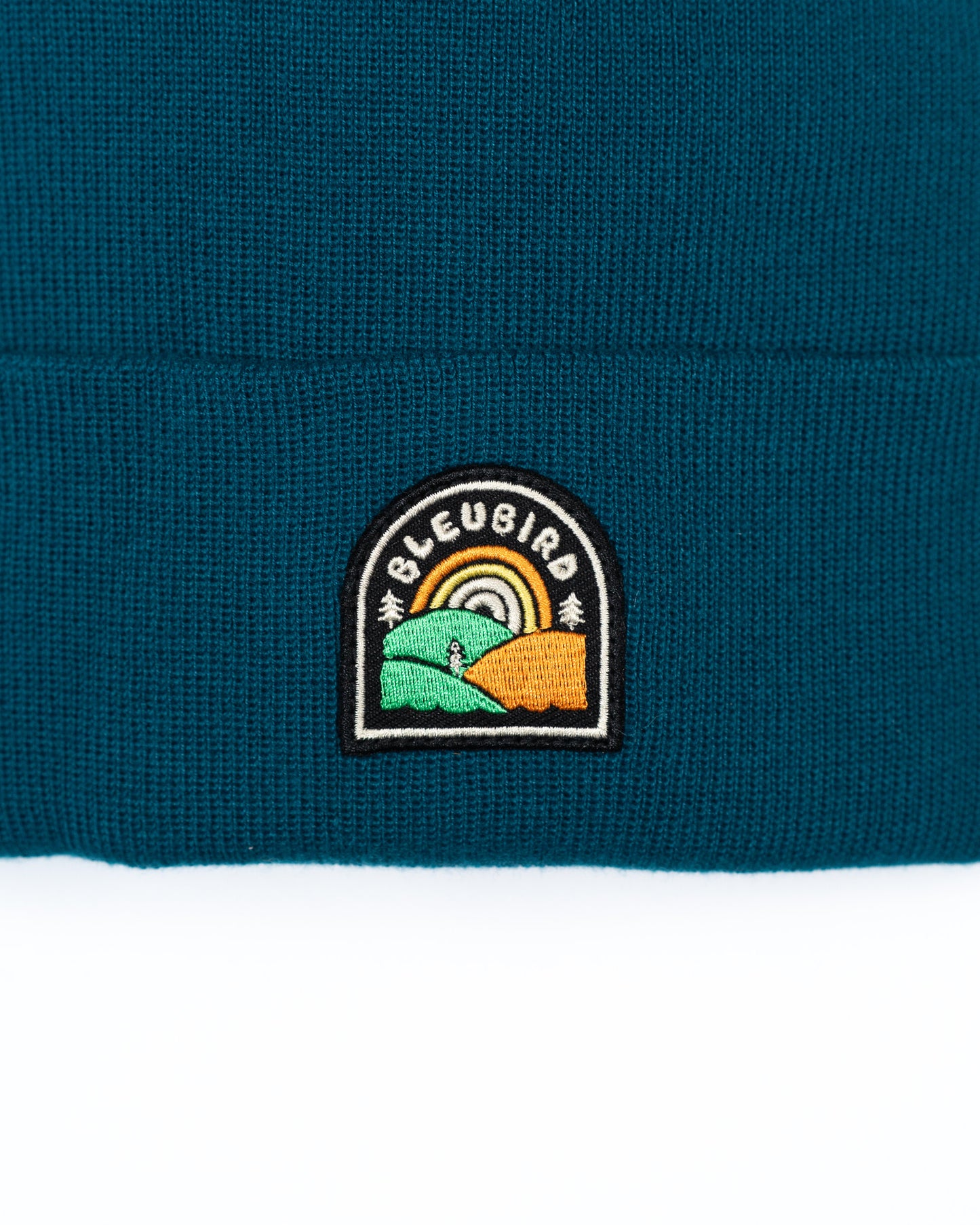 Close-up of a teal beanie with a embroidered logo on a white background