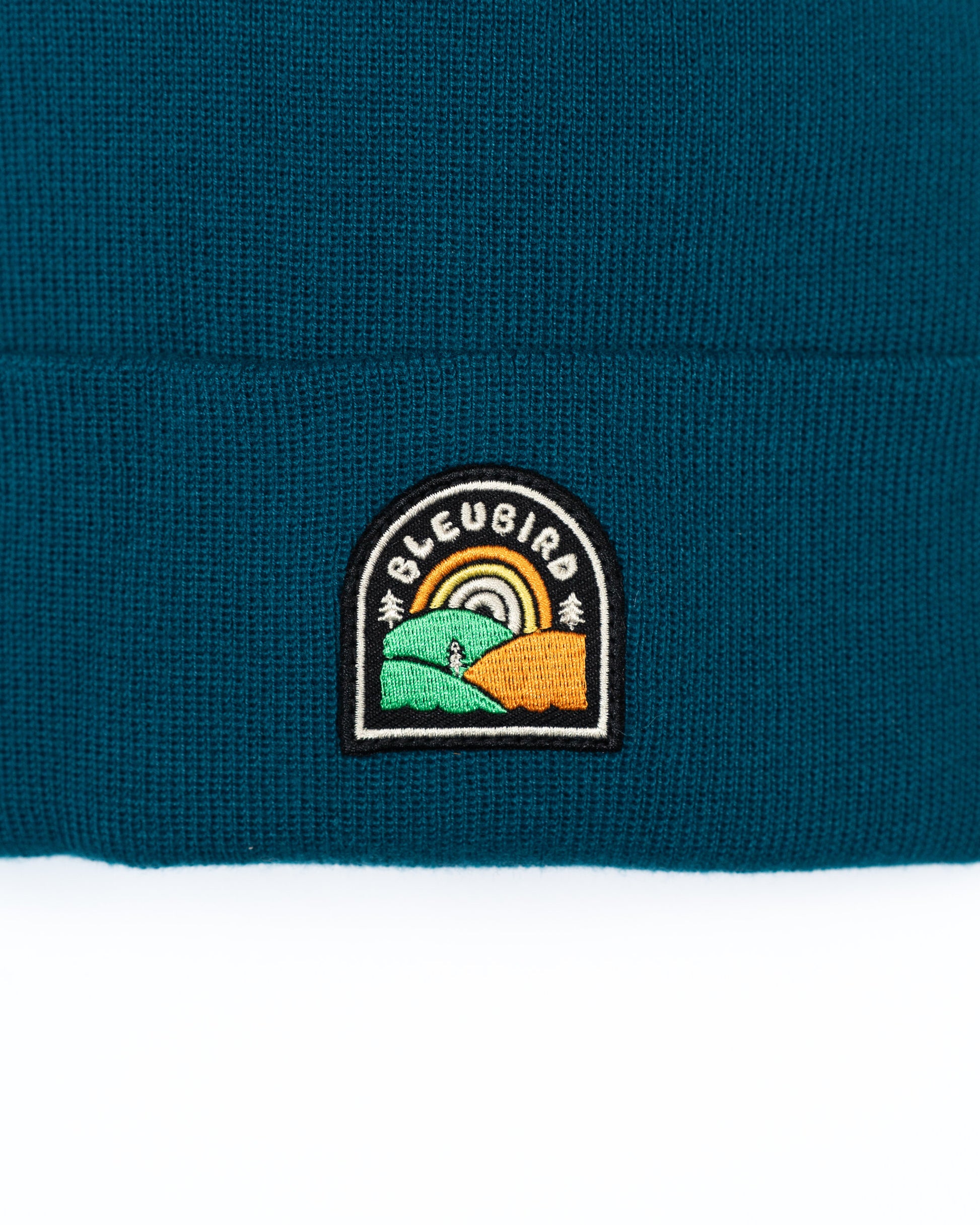 Close-up of a teal beanie with a embroidered logo on a white background