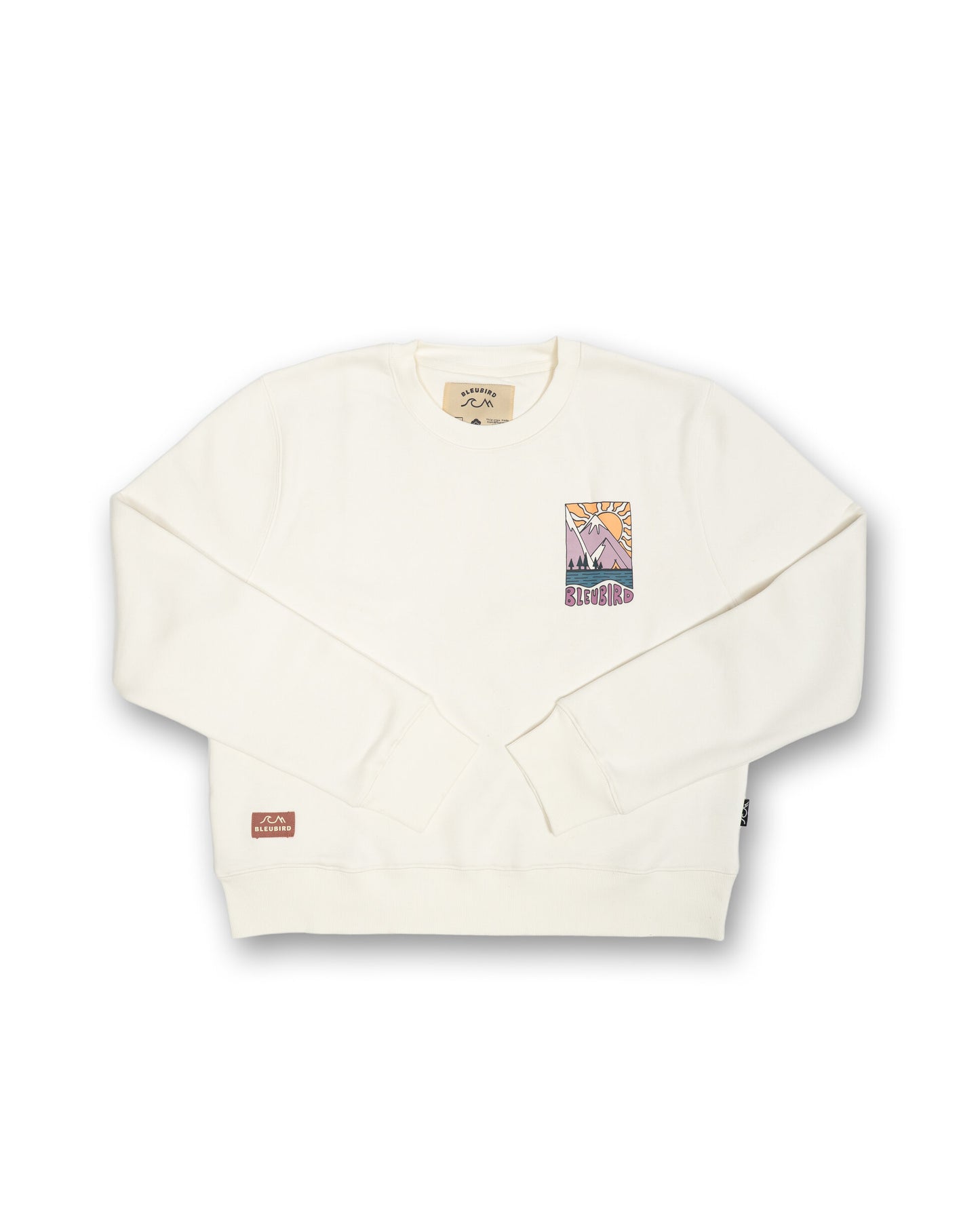 White sweatshirt with colorful graphic on a white background