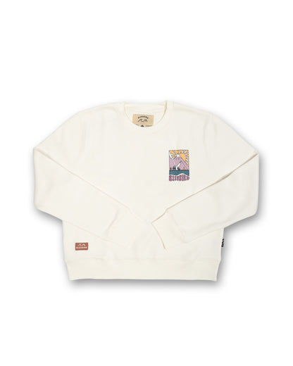 White sweatshirt with colorful graphic on a white background