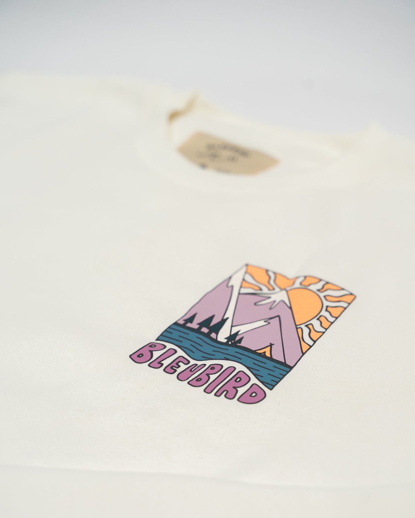 White t-shirt with colorful graphic design and 'BLEUBIRD' text on a light gray background
