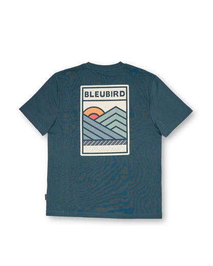 Blue t-shirt with a graphic design and 'BLEUBIRD' branding on a white background