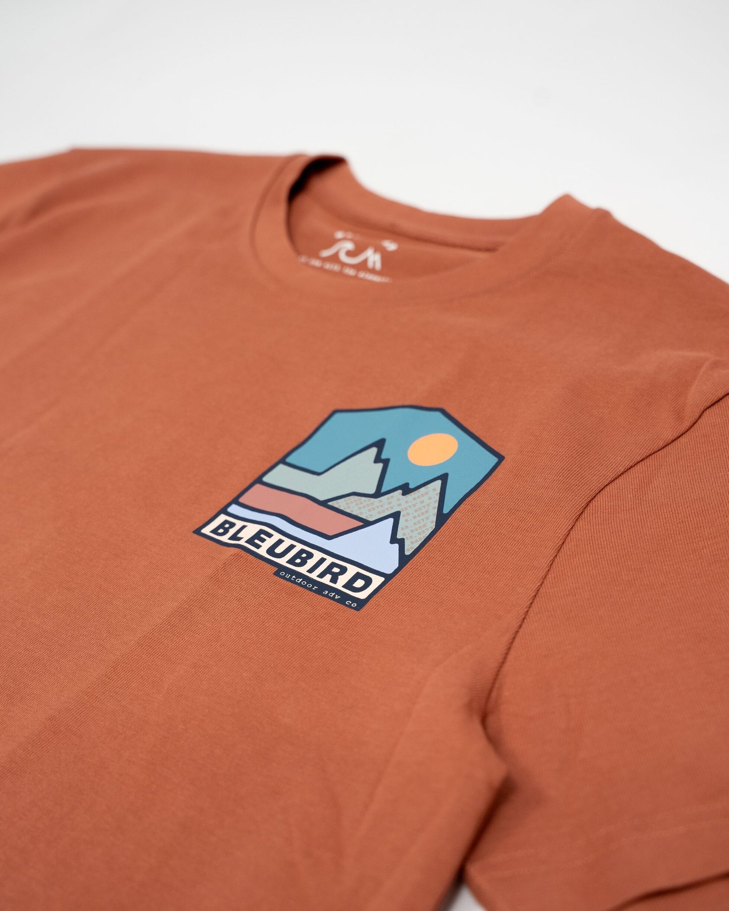 Brown t-shirt with a graphic design and 'BLEUBIRD' branding on a white background