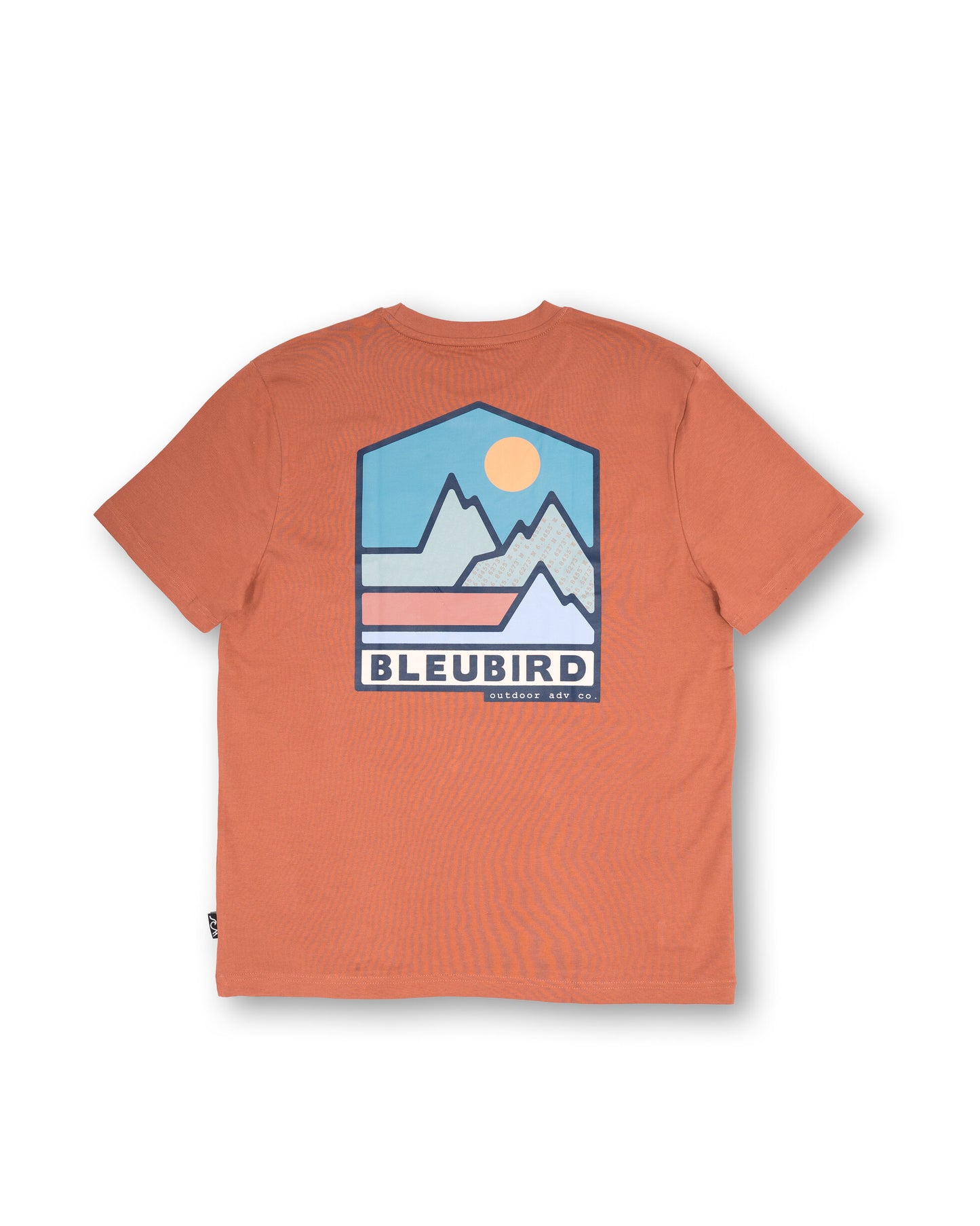 Orange t-shirt with a mountain graphic and 'BLEUBIRD' branding on a white background