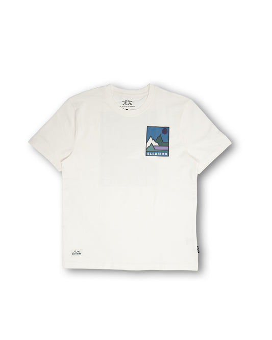 White t-shirt with a graphic design on a white background