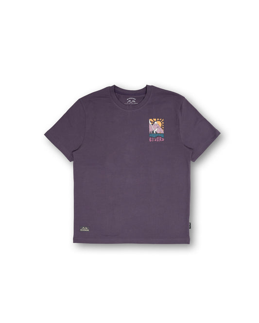Purple t-shirt with a small graphic on the chest against a white background