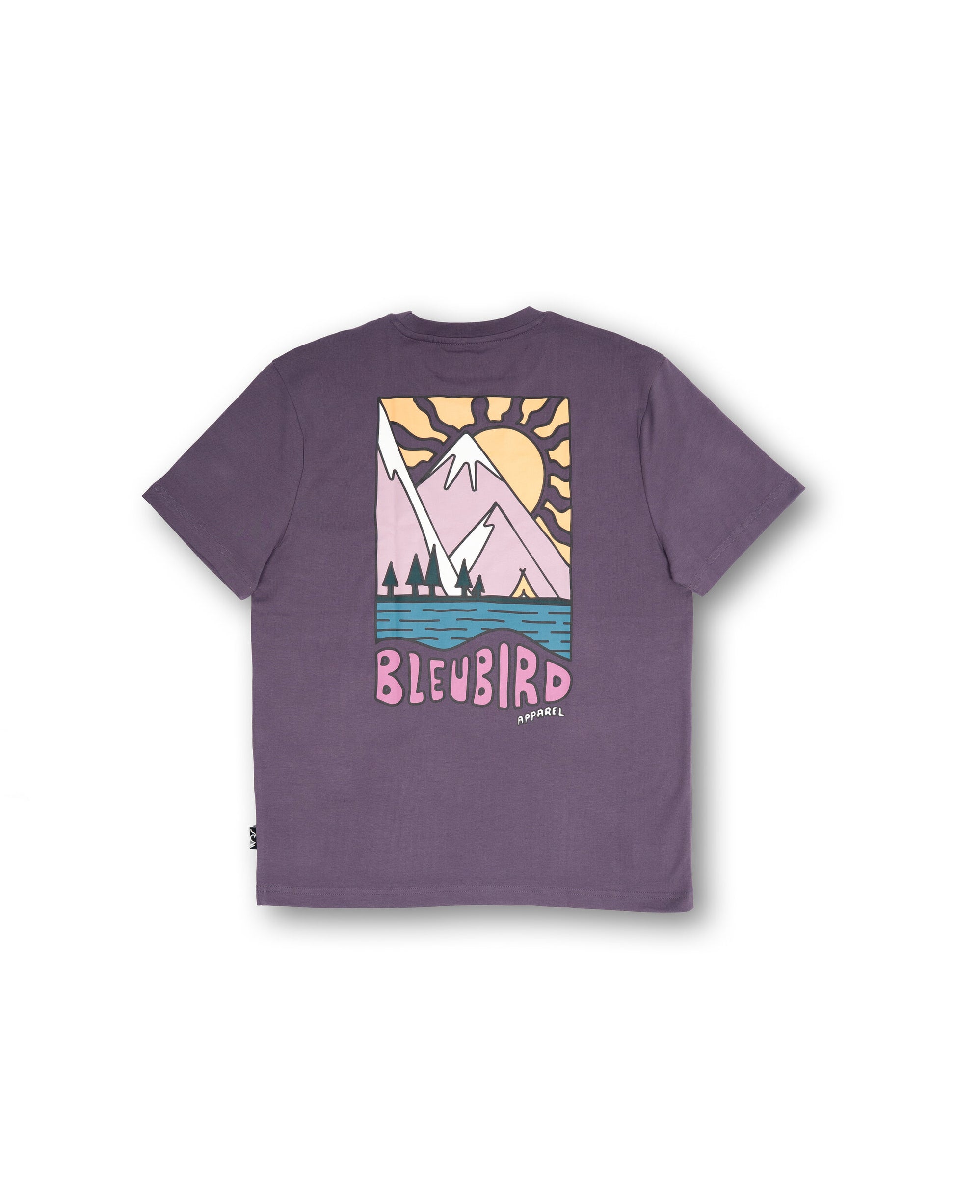 Purple t-shirt with a mountain graphic and 'Bleubird' branding on a white background