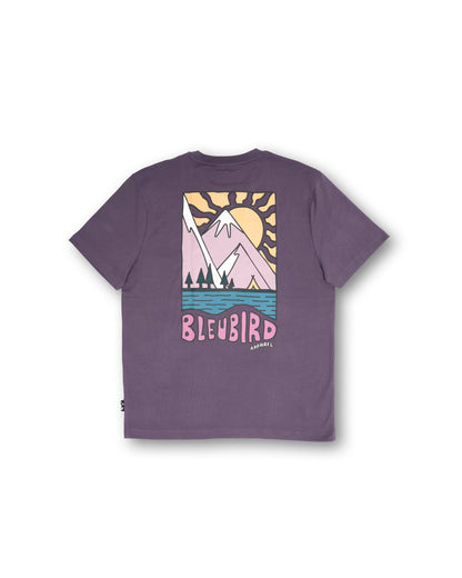 Purple t-shirt with a mountain graphic and 'Bleubird' branding on a white background