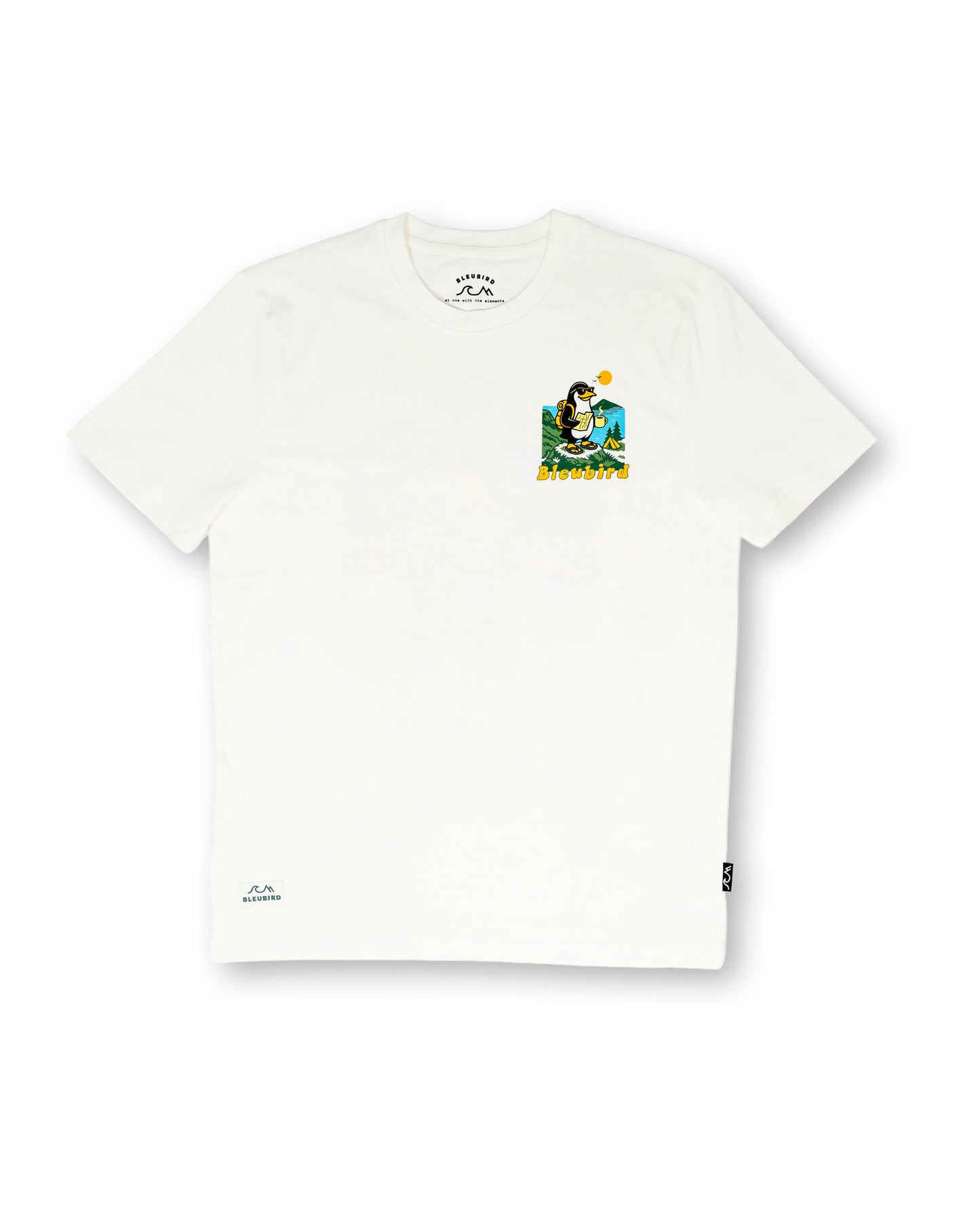 White t-shirt with a graphic design on a white background