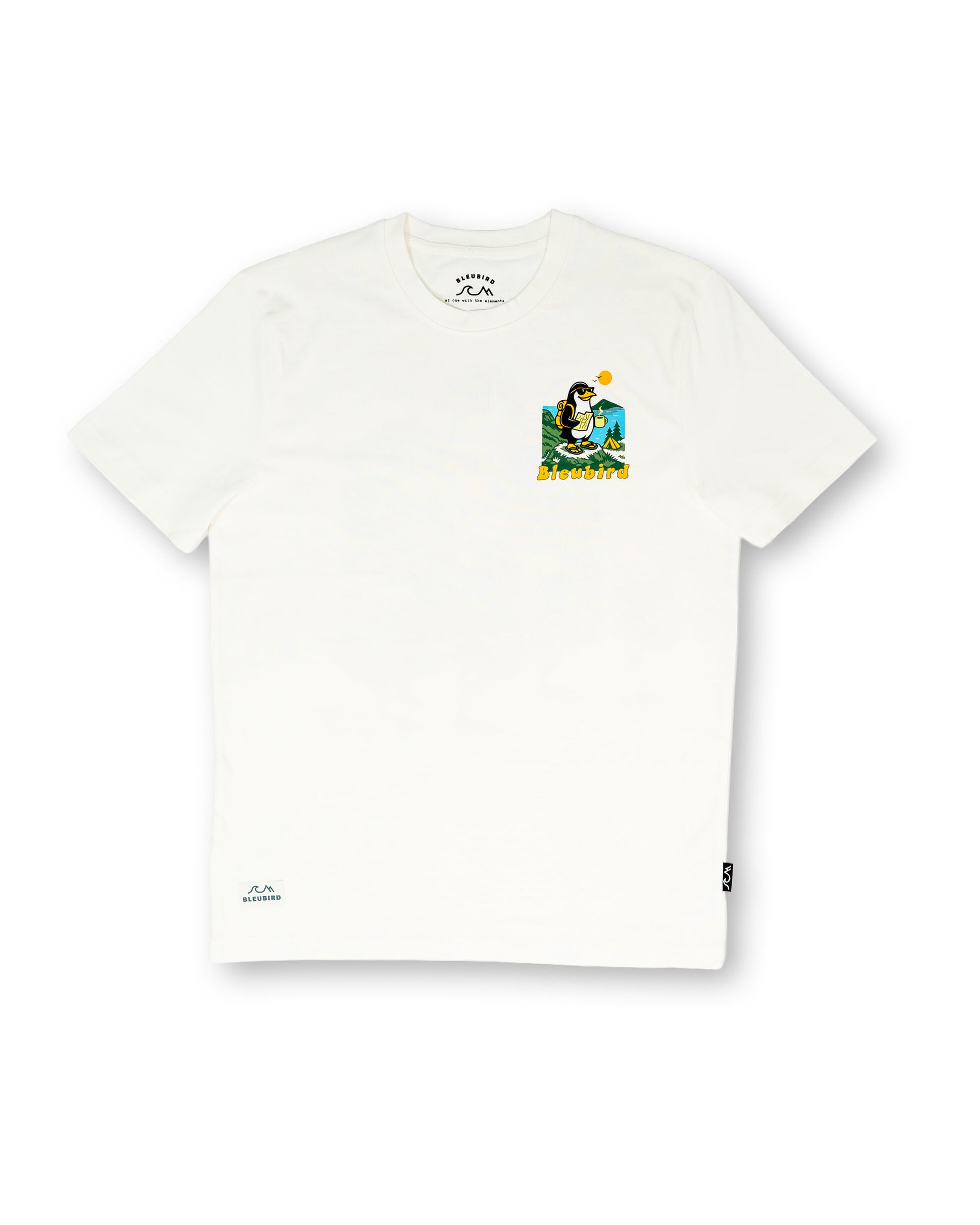 White t-shirt with a graphic design on a white background