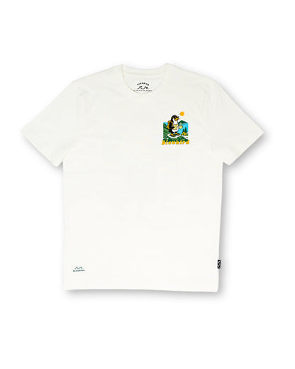 White t-shirt with a graphic design on a white background
