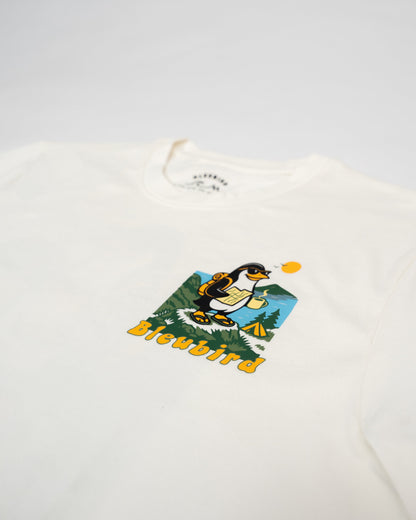 White sweatshirt with a colorful graphic of a penguin and text on a white background