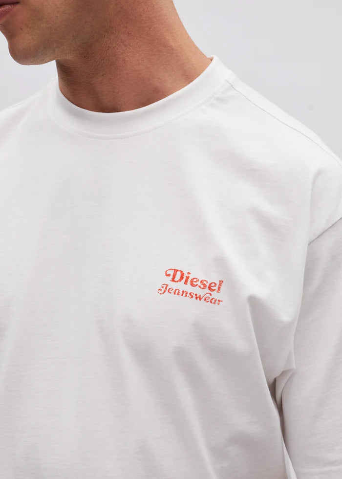 White sweatshirt with red 'Diesel Jeanswear' logo on a light gray background