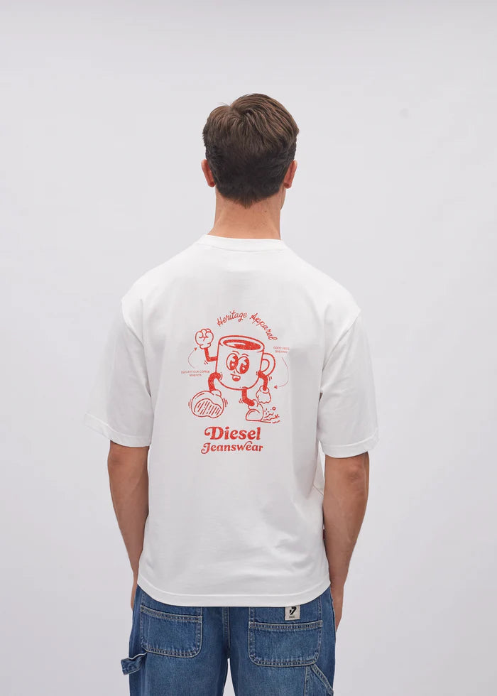 Person wearing a white t-shirt with a red graphic and 'Diesel Jeanswear' text on the back, standing against a plain background.