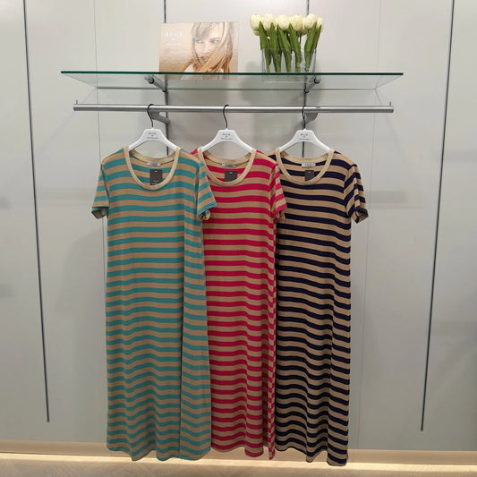 Deck Striped Round Neck Dress - Pink