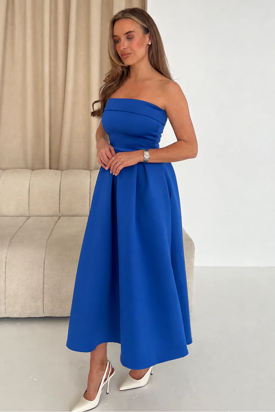 Girl In Mind Danni Strapless Bandeau Midi Dress - Cobalt