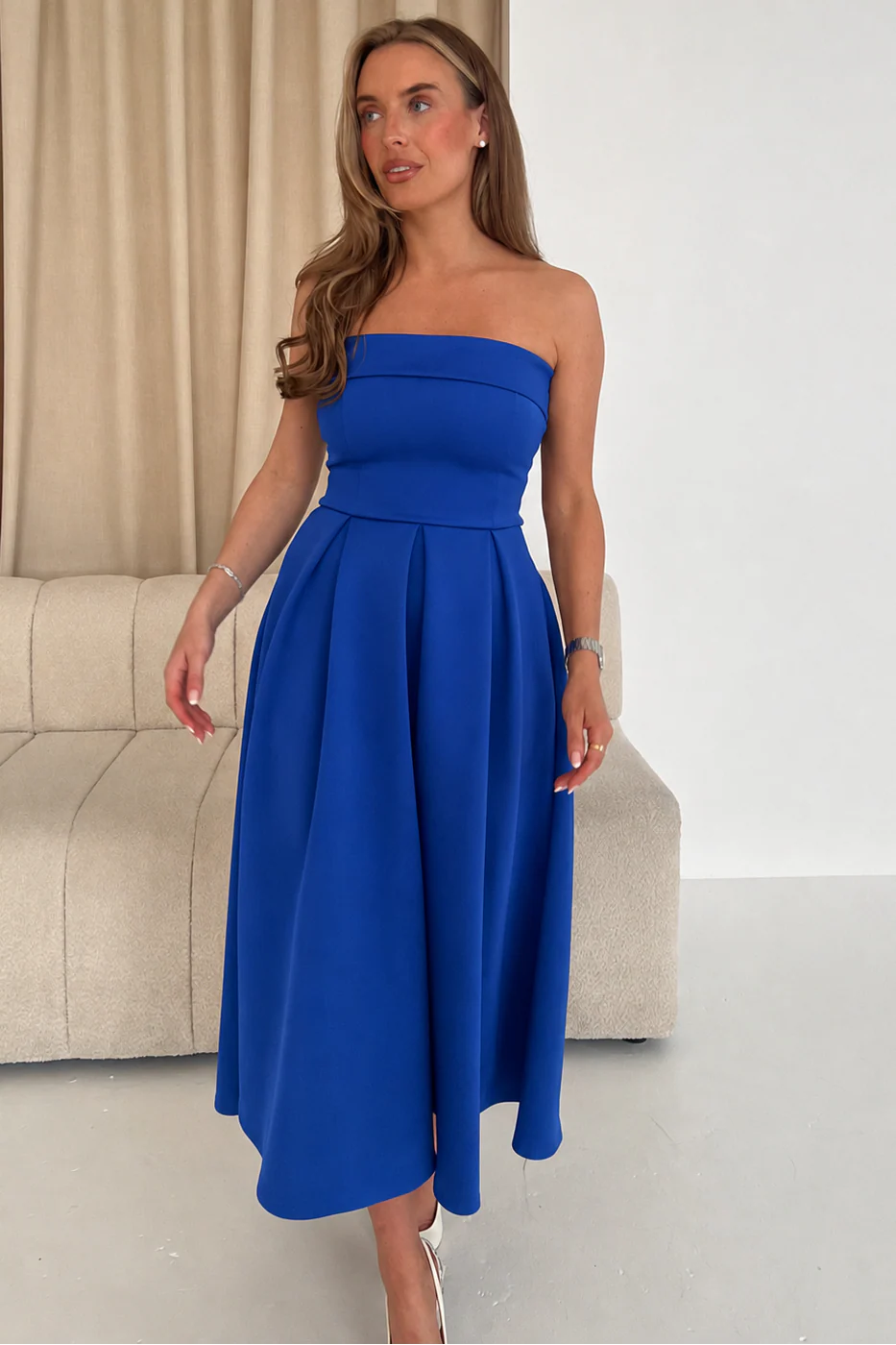 Girl In Mind Danni Strapless Bandeau Midi Dress - Cobalt