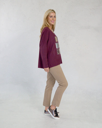 Deck V Neck Leopard Print Knit - Bordeaux