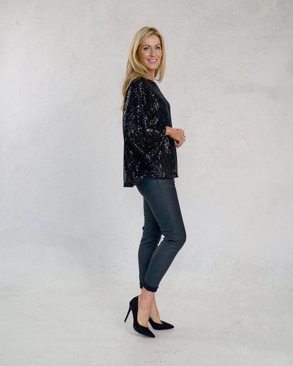 Deck Round Neck Sequin Top - Black