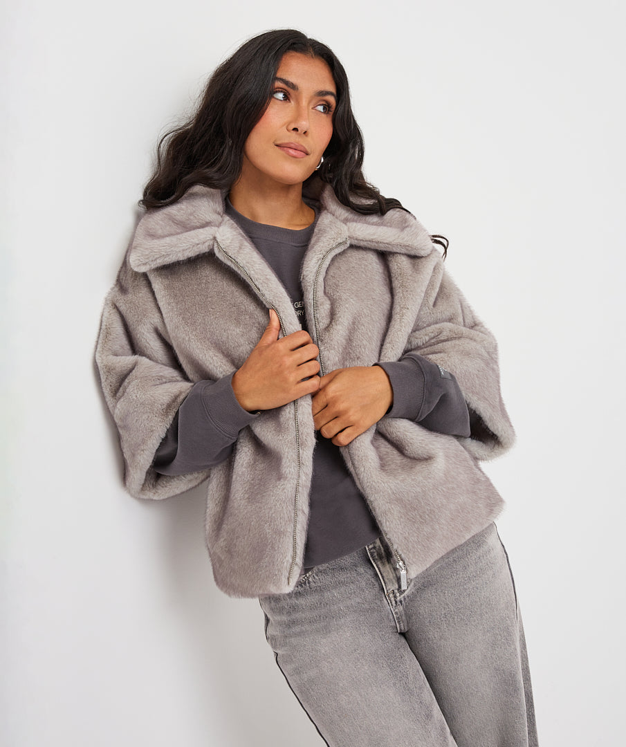 Esqualo Faux Fur Poncho - Light Grey