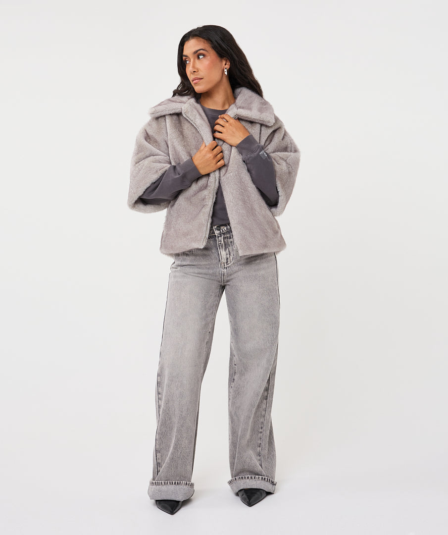 Esqualo Faux Fur Poncho - Light Grey