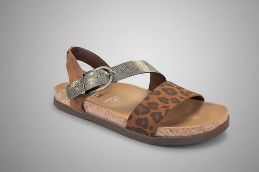 Brown sandal with leopard print strap on a gray background