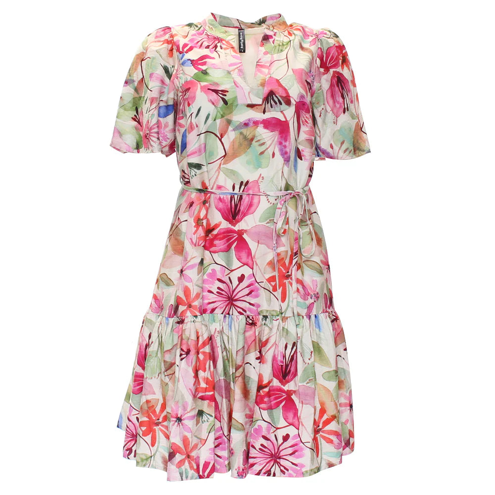 Floral dress with pink and multicolor flowers on a white background