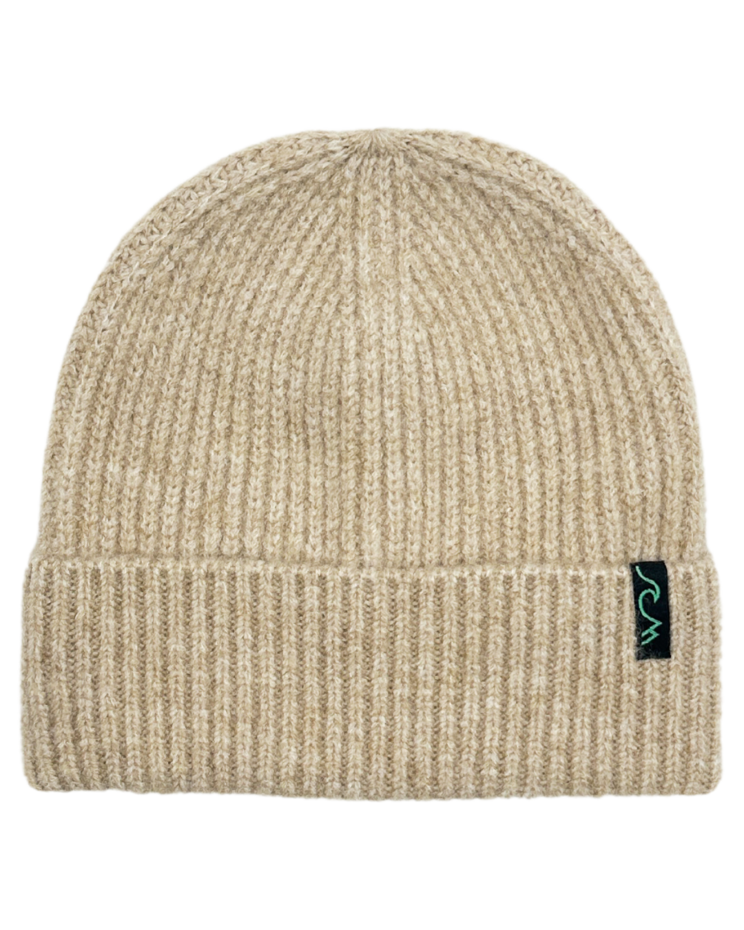 Beige knit beanie with a logo on a white background