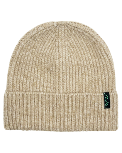 Beige knit beanie with a logo on a white background