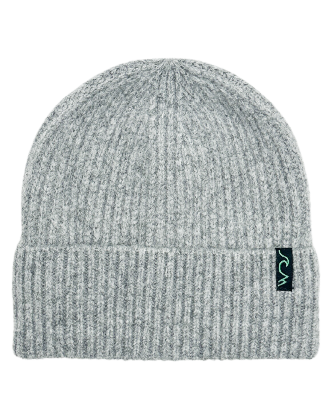 Gray knit beanie with a brand logo on a white background