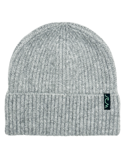 Gray knit beanie with a brand logo on a white background