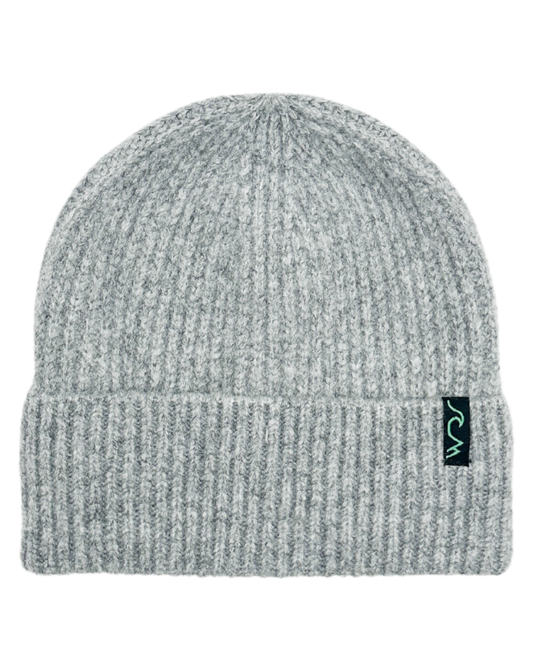 Gray knit beanie with a brand logo on a white background