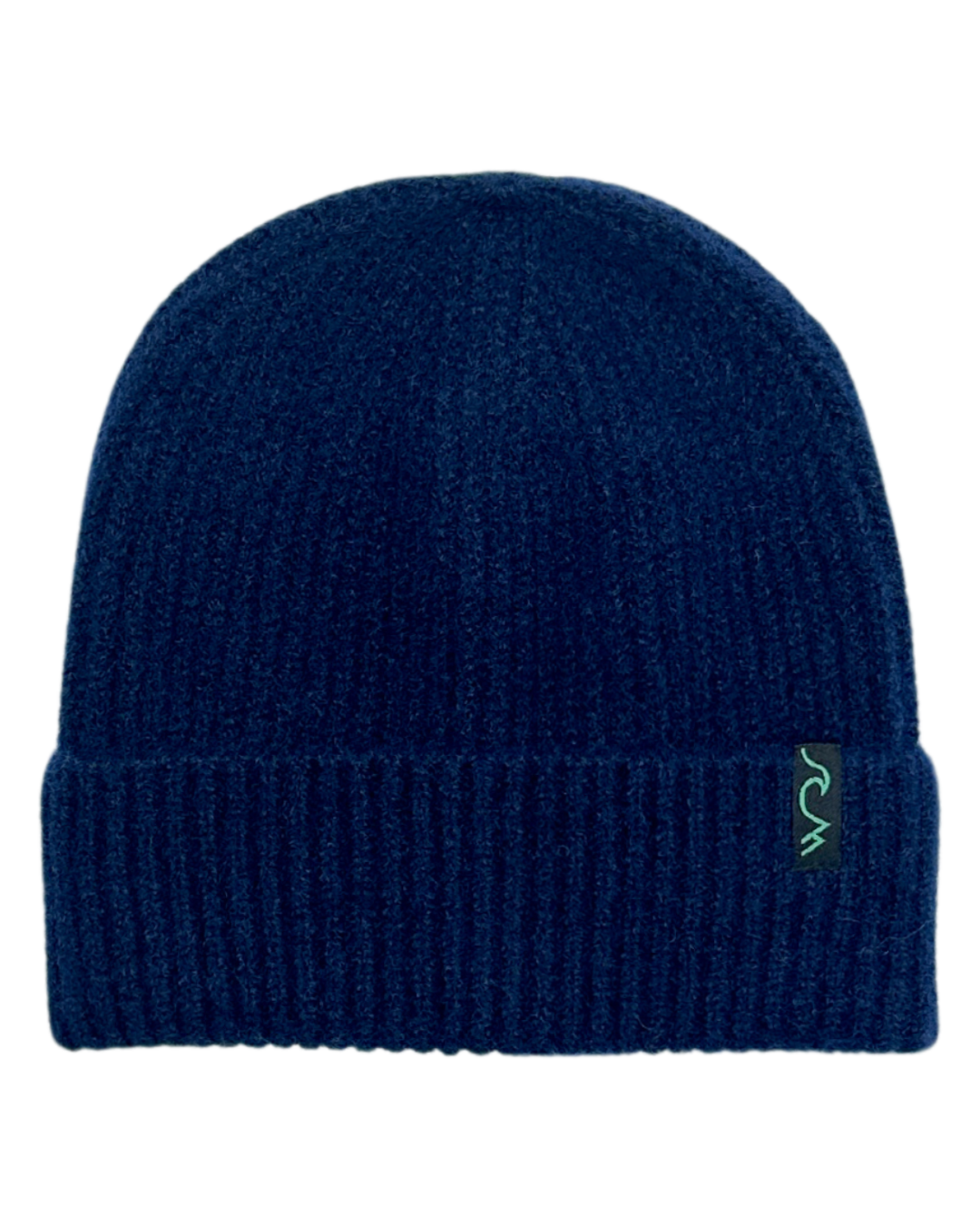 Blue knit beanie with a brand logo on a white background