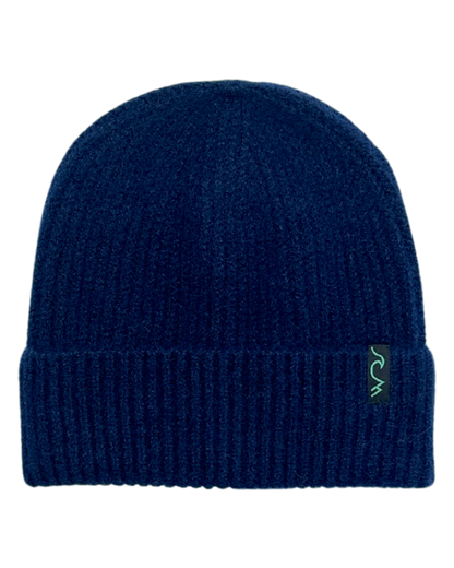 Blue knit beanie with a brand logo on a white background
