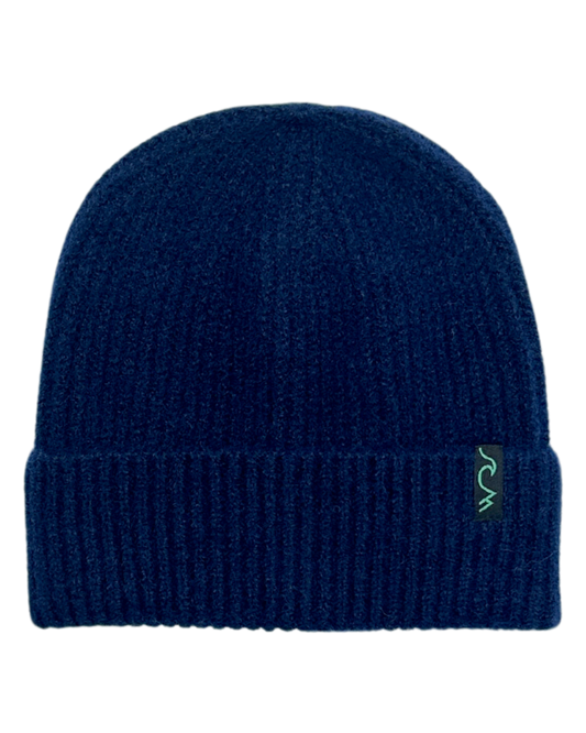 Blue knit beanie with a brand logo on a white background