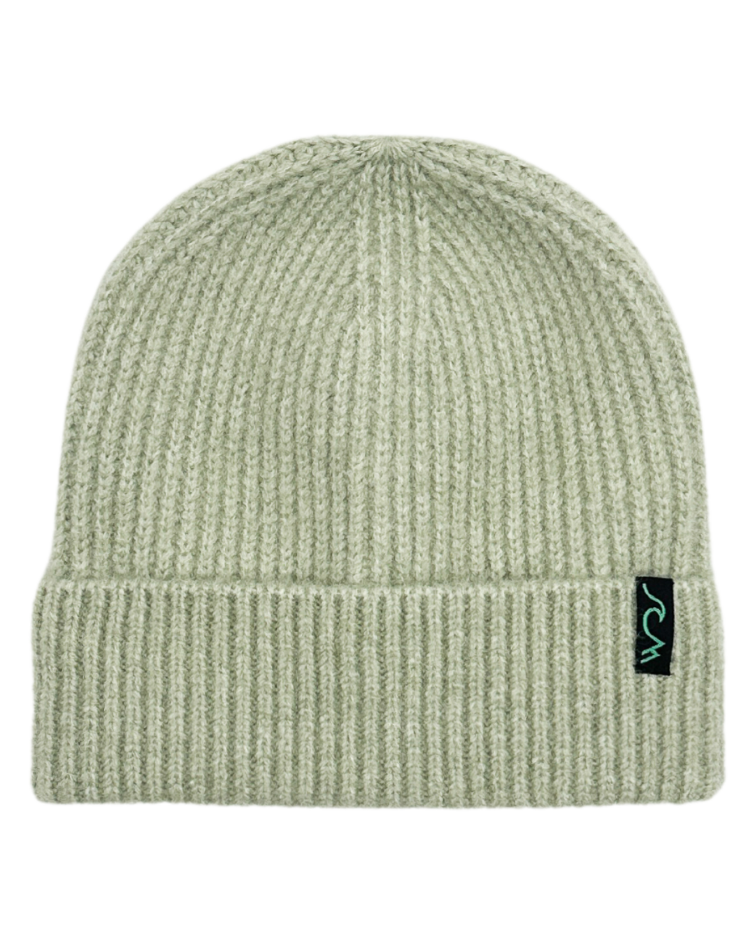 Green knit beanie with a brand logo on a white background