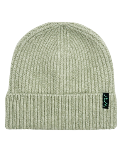 Green knit beanie with a brand logo on a white background