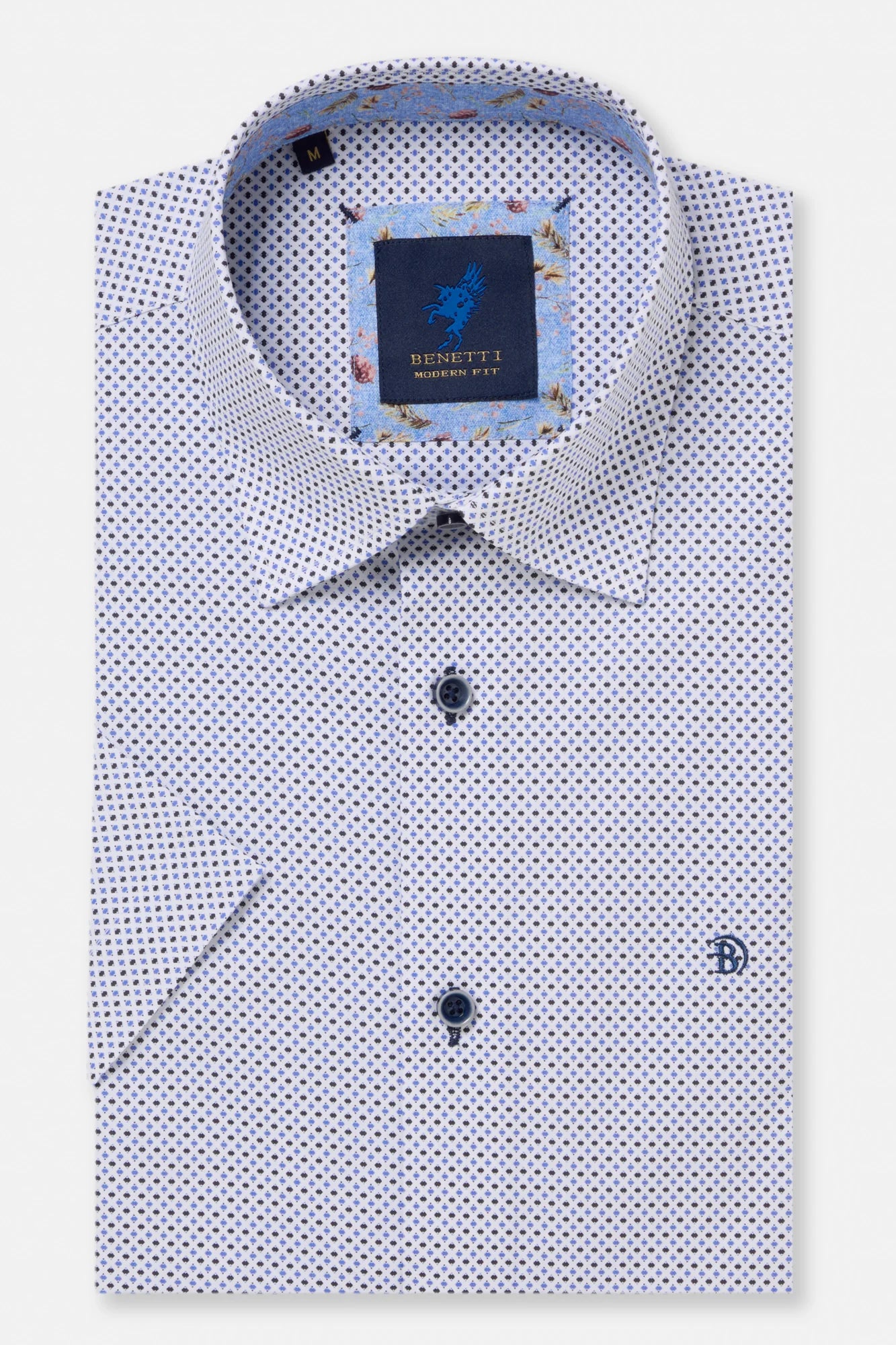 White dress shirt with blue pattern and Benetti label on a white background