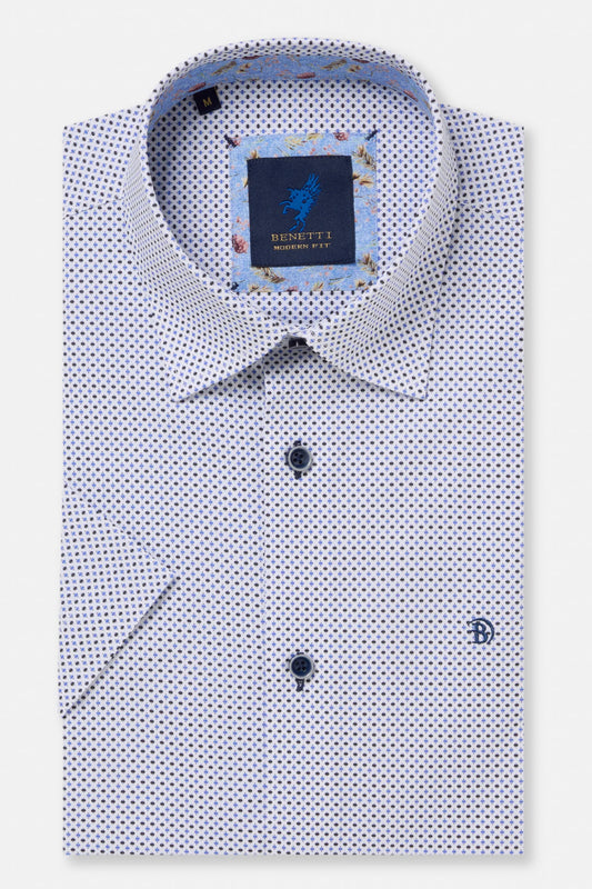 White dress shirt with blue pattern and Benetti label on a white background