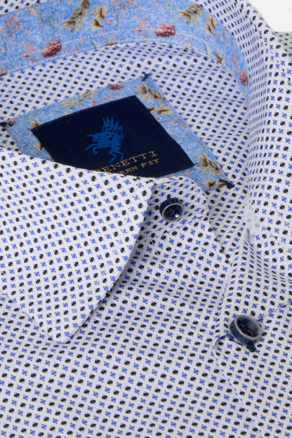Close-up of a patterned shirt with a Venetti label.