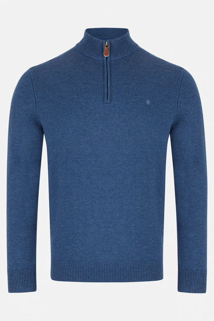 Blue sweater with a quarter zip on a white background