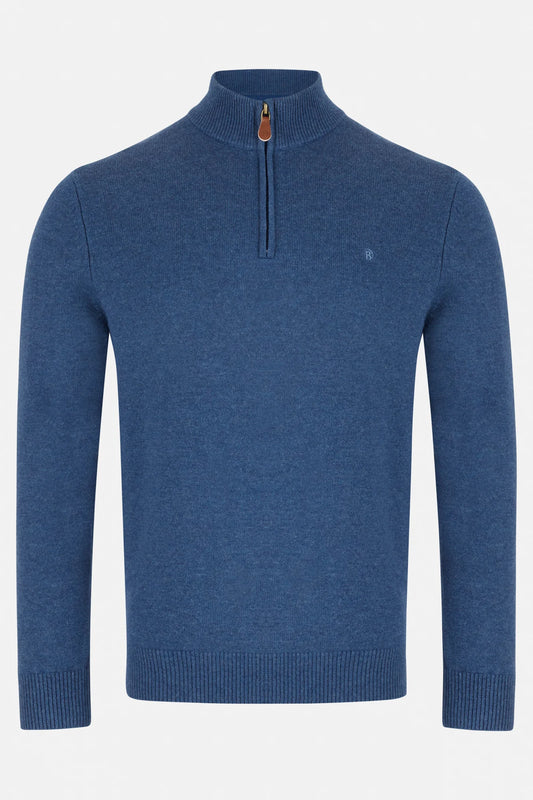 Blue sweater with a quarter zip on a white background