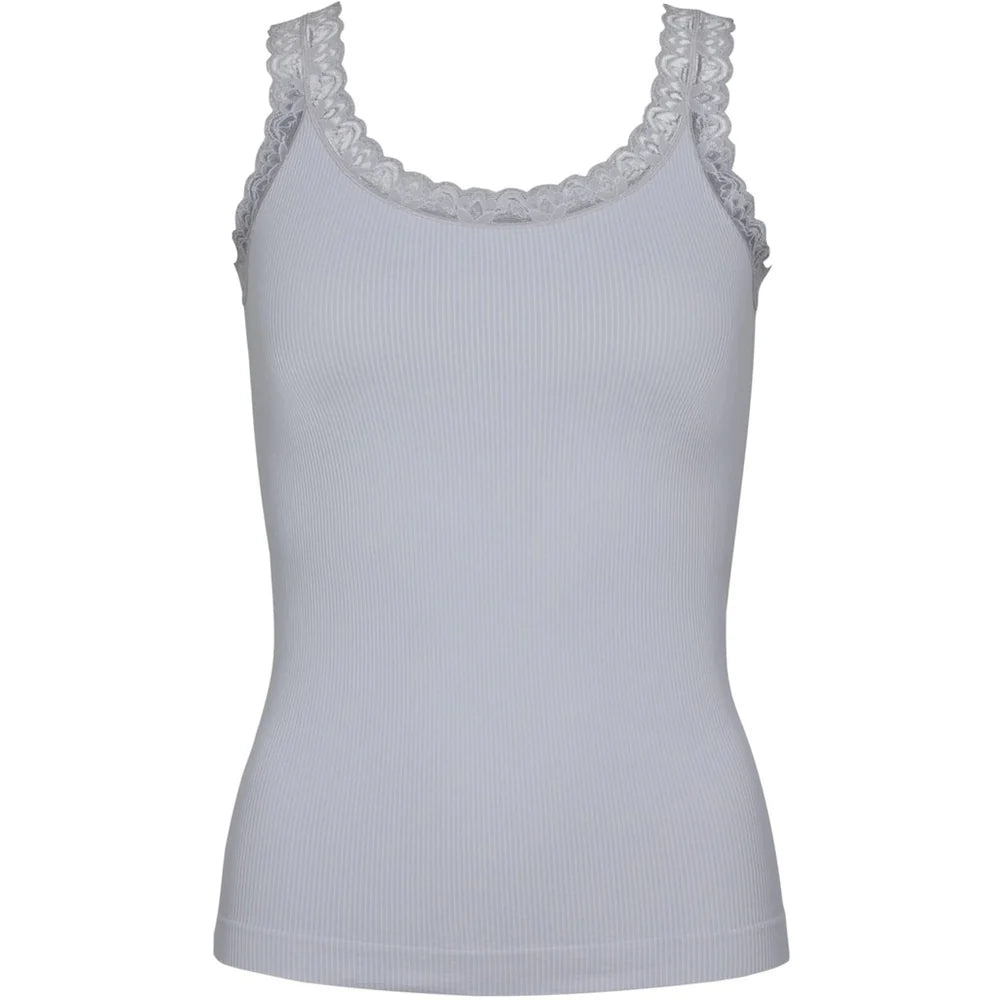 Light gray tank top with lace trim on a white background
