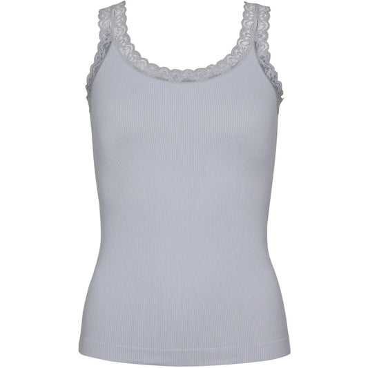 Light gray tank top with lace trim on a white background