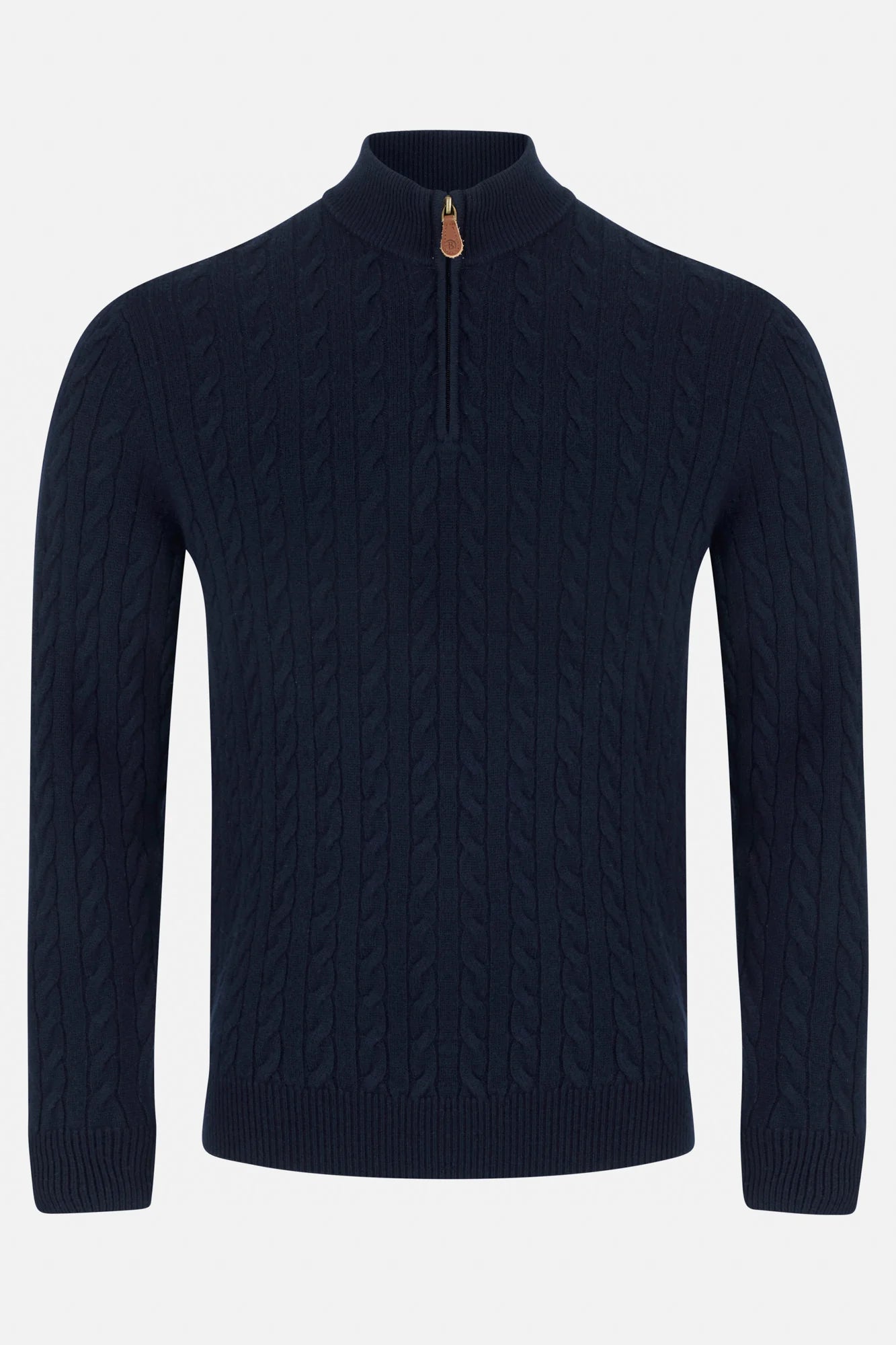 Navy cable knit sweater with a zipper on a light gray background
