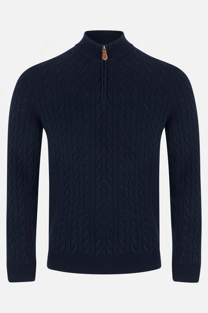 Navy cable knit sweater with a zipper on a light gray background