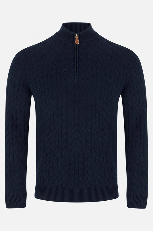 Navy cable knit sweater with a zipper on a light gray background
